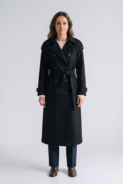Women's Belted Trench Coat | Notched Lapel — Black — front view — on model