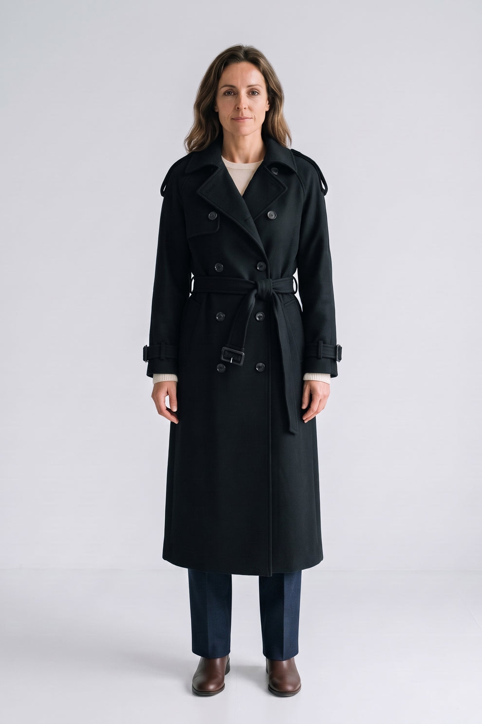 Women's Belted Trench Coat | Notched Lapel — Black — front view — on model