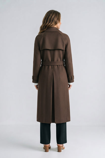 Women's Belted Trench Coat | Notched Lapel — Brown — back view — on model