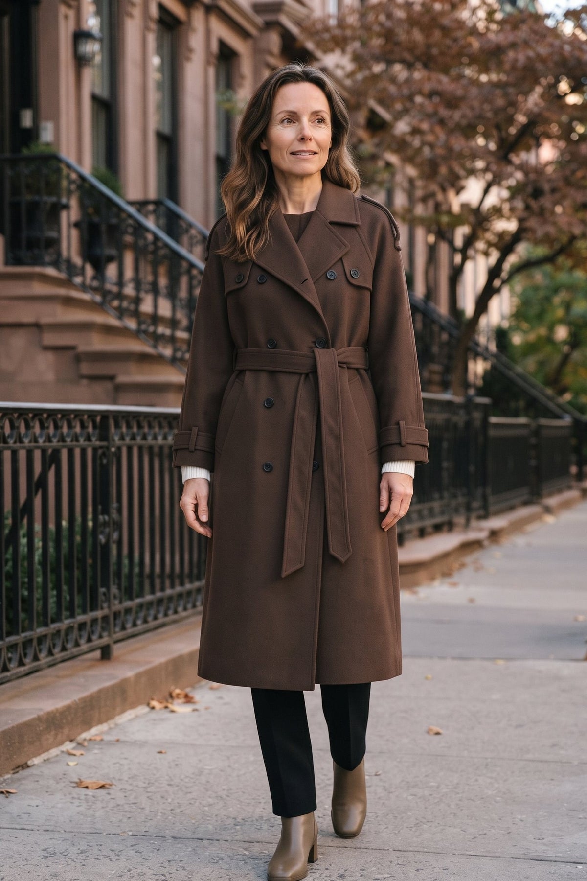 Women's Belted Trench Coat | Notched Lapel — Brown — lifestyle — on model