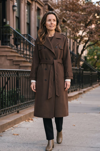 Women's Belted Trench Coat | Notched Lapel — Brown — lifestyle — on model