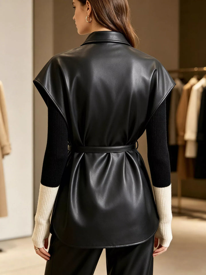 Back view of the black sleeveless vest with belt at the waist