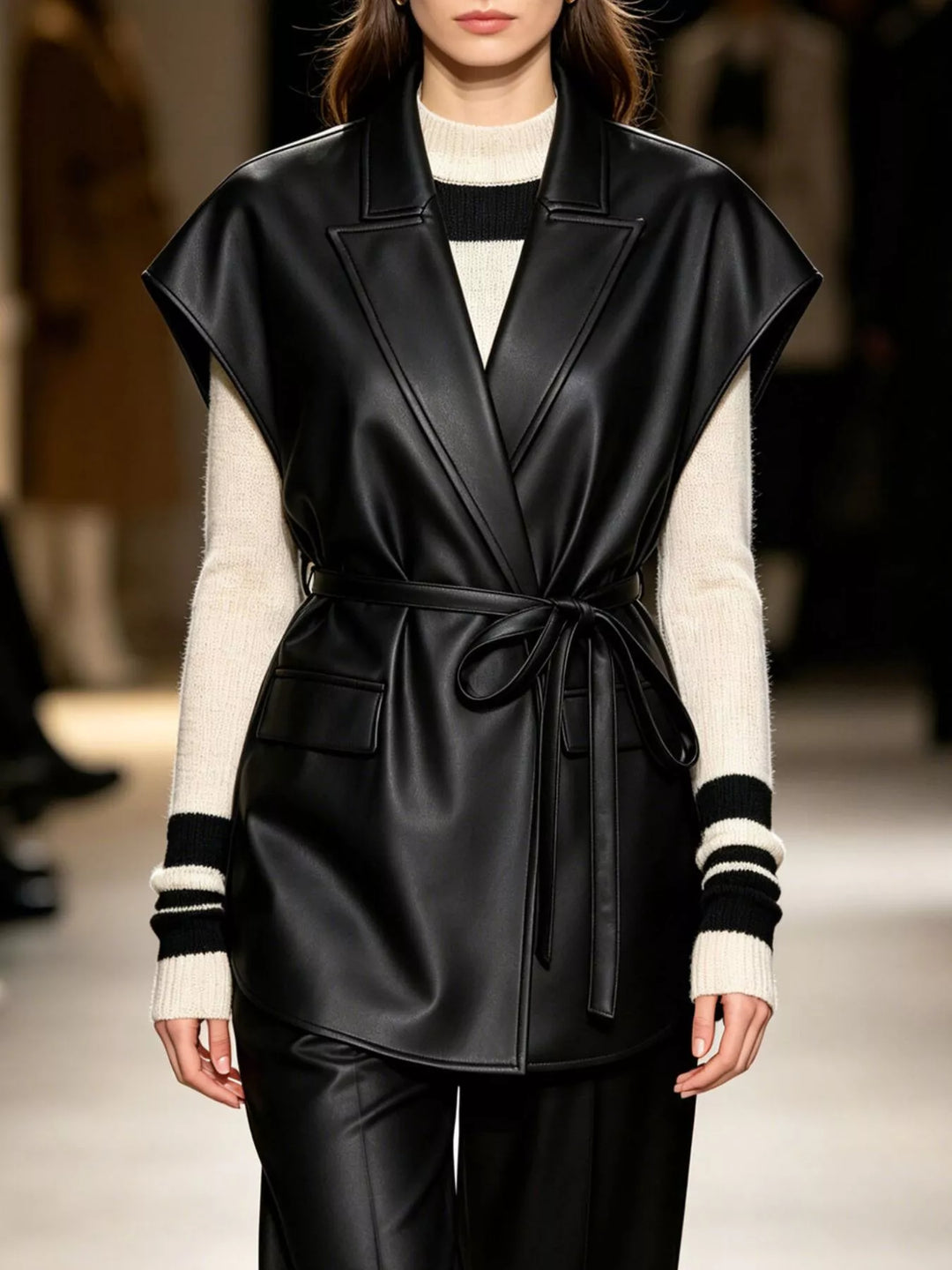 Women's belted vest in black, sleeveless wrap style with notch lapel, front view