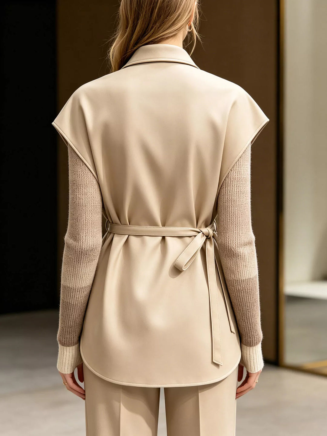 Back view of the camel belted vest over a ribbed sweater