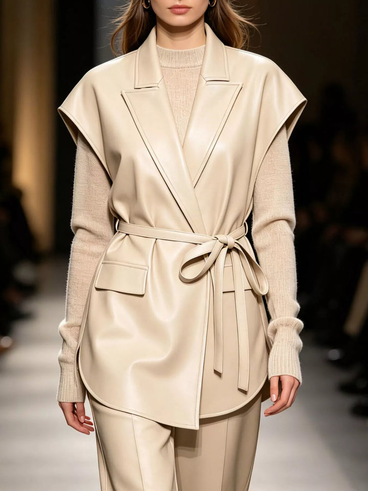 Camel belted vest with notch lapel and wrap tie waist, front view