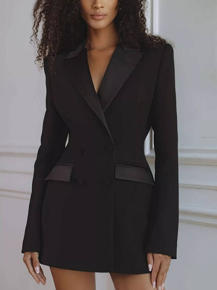 Black satin lapel blazer dress worn with long dark curly hair, front view