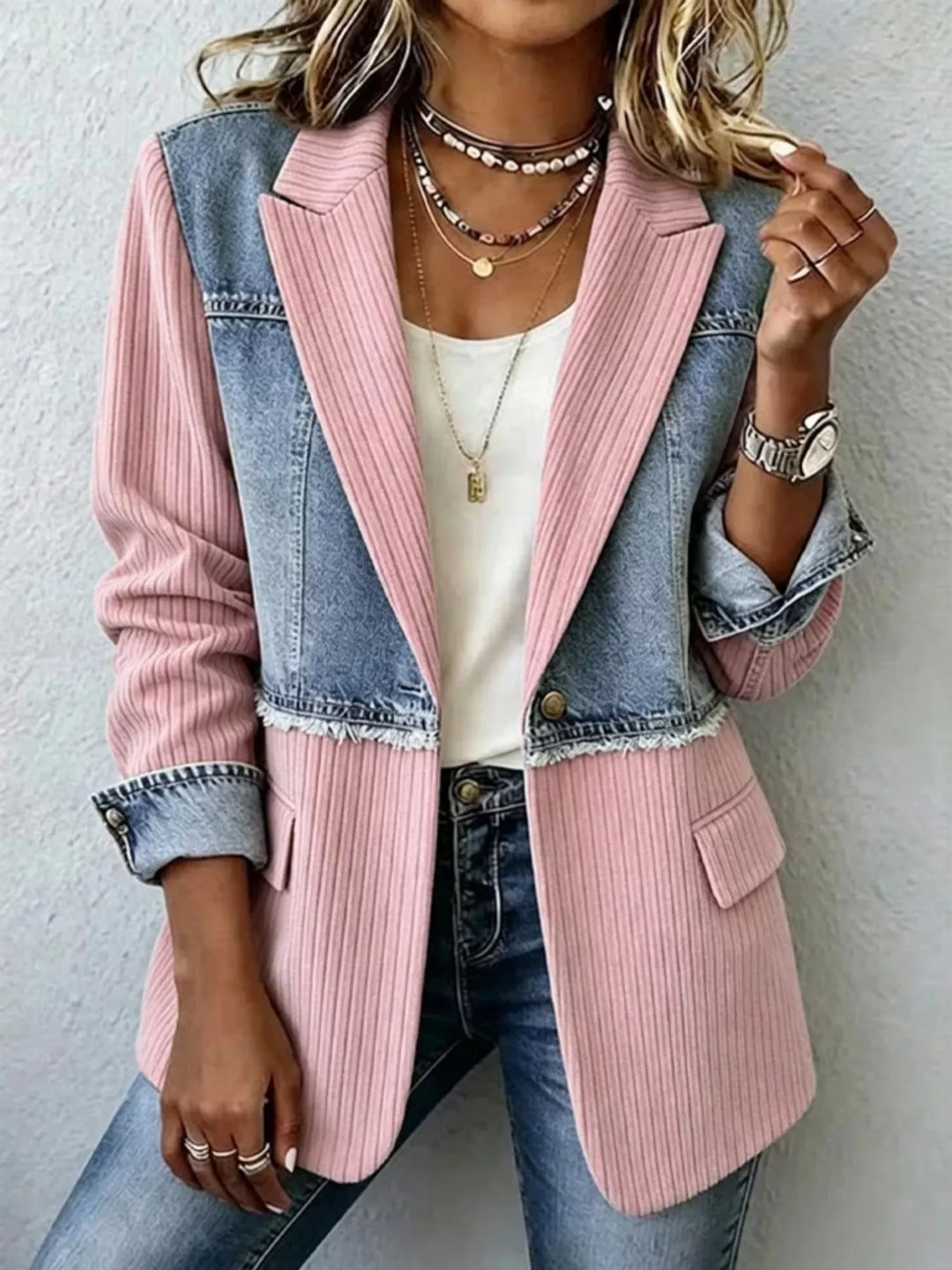 Blush pink patchwork blazer jacket with notch lapel worn with jeans