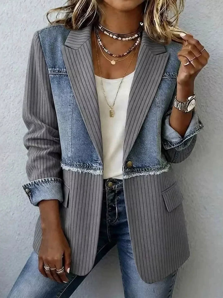 Charcoal blazer jacket with denim patchwork and notch lapel, front view