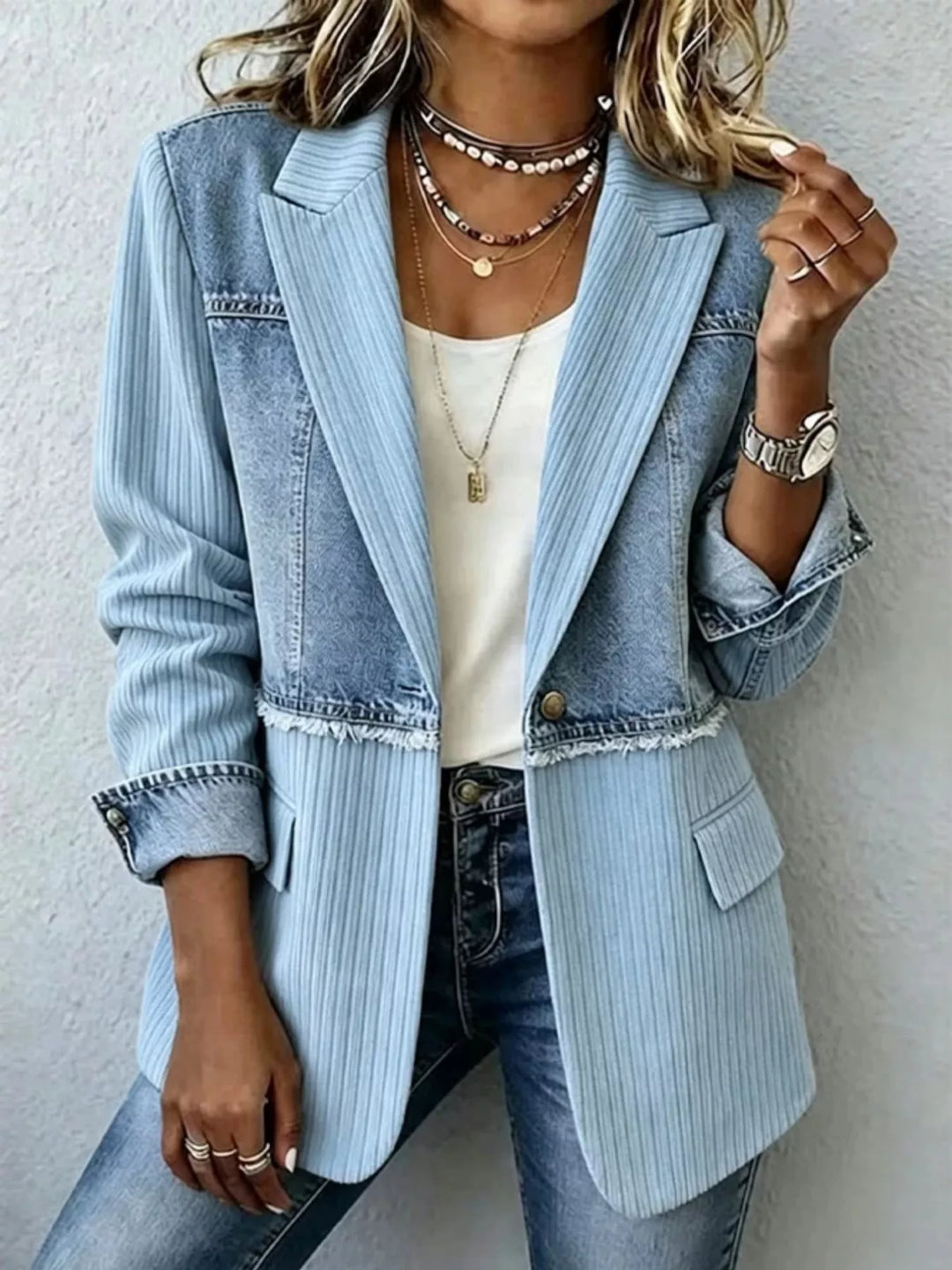 Women's blazer jacket in light blue with denim patchwork panels and notch lapel