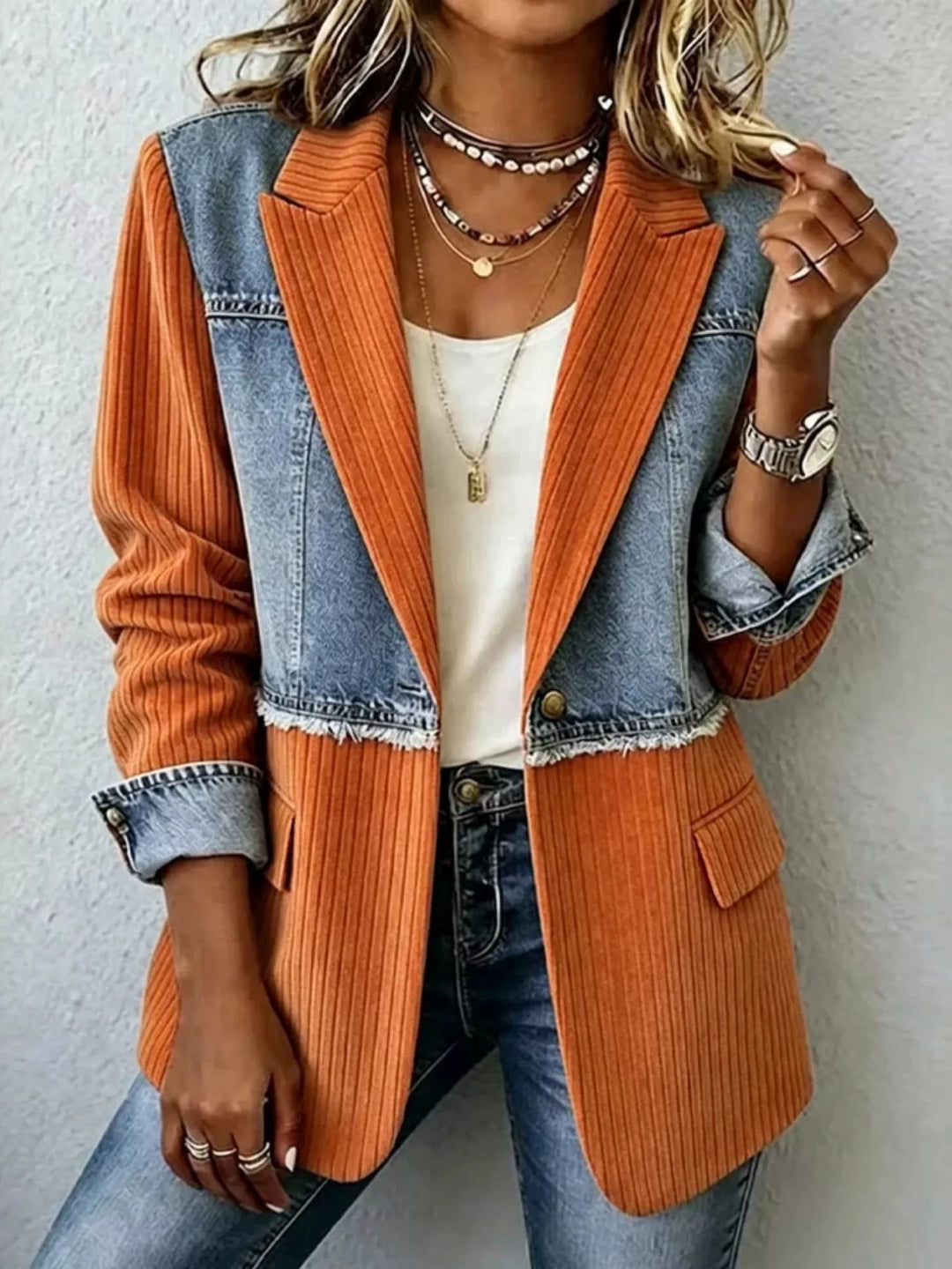 Rust orange blazer jacket with denim panels and flap pockets, front view