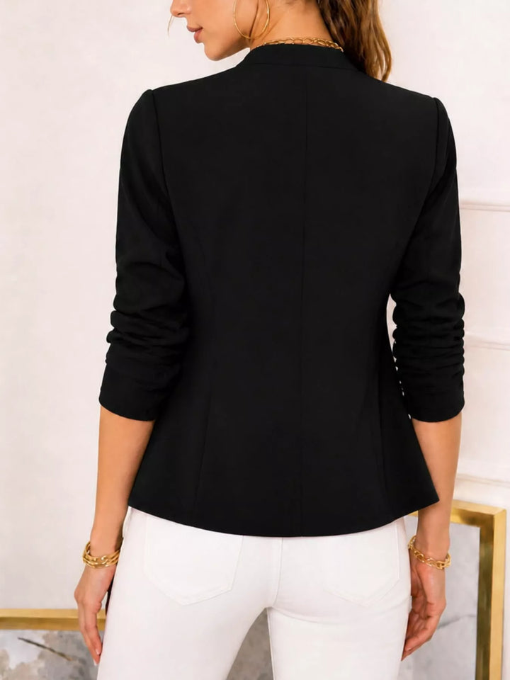 Open front draped lapels ruched sleeves in black, back view