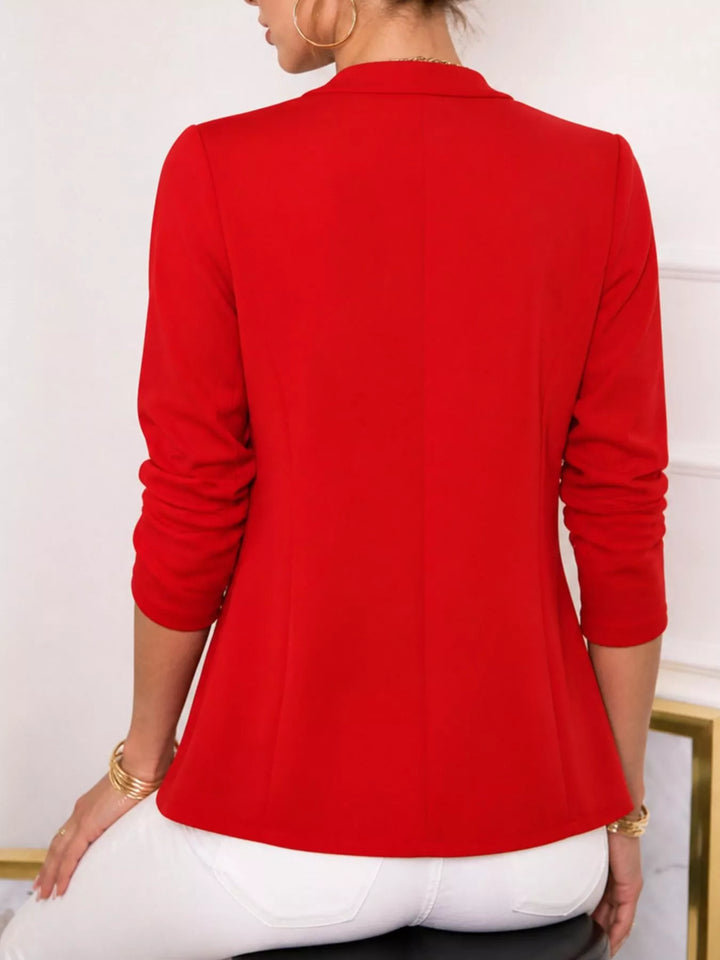 Open front draped lapels ruched sleeves in red, back view