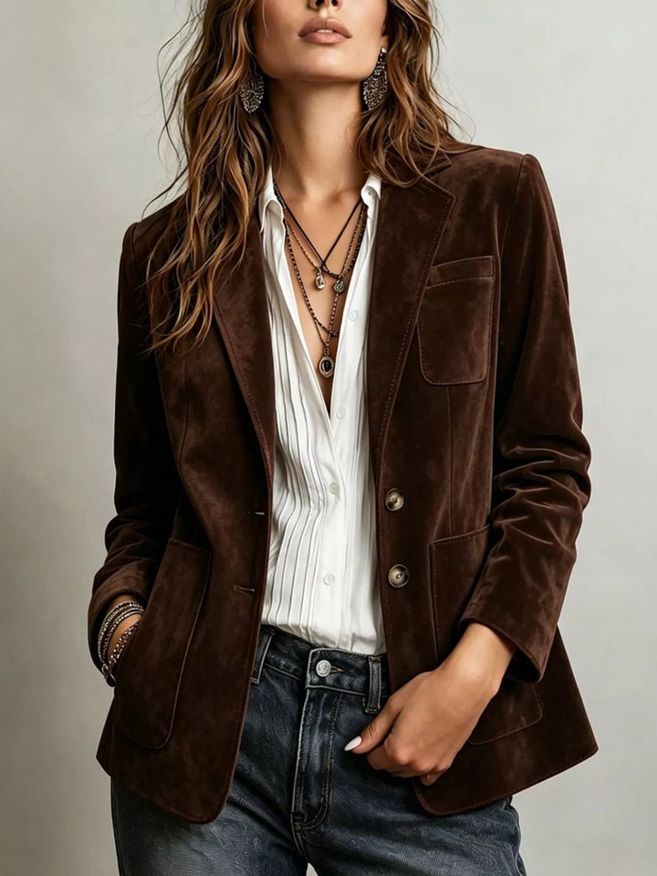Coffee brown two button blazer front view with chest pocket and dark denim