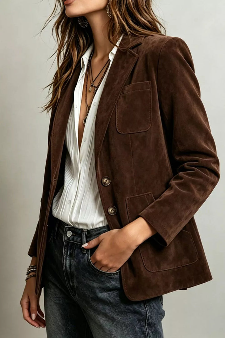 Coffee brown single breasted blazer worn open over a white shirt and jeans