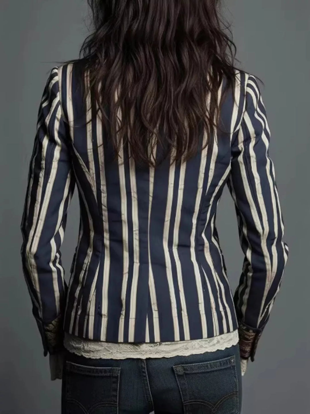 Back view of the navy striped blazer worn over a lace top