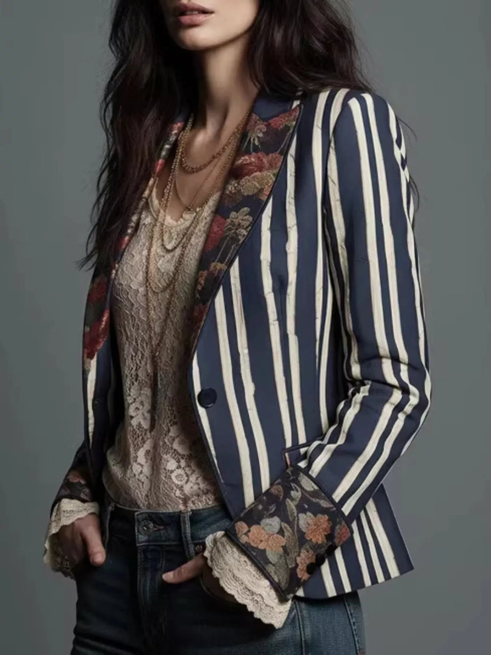 Navy striped slim fit blazer with floral lapels, three quarter view