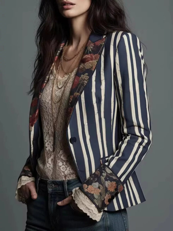 Navy striped slim fit blazer with floral lapels, three quarter view