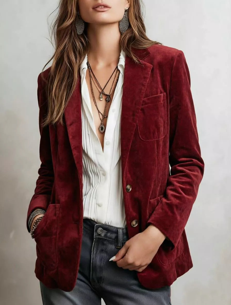 Burgundy blazer with patch pockets and notch lapels, worn with a white shirt