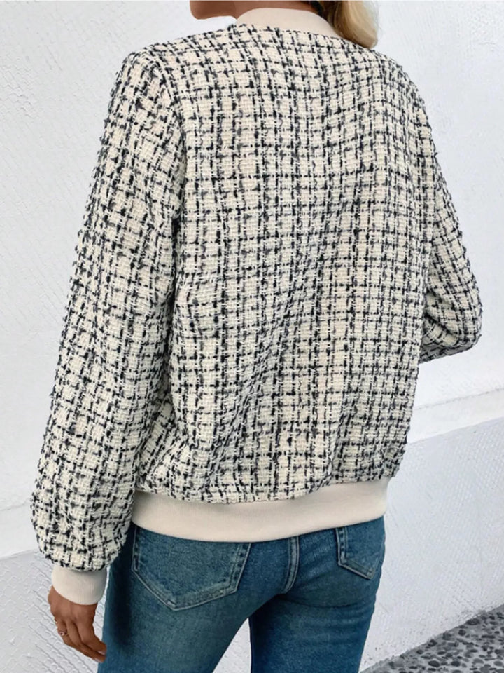 Back view of the cream plaid tweed look cropped bomber jacket