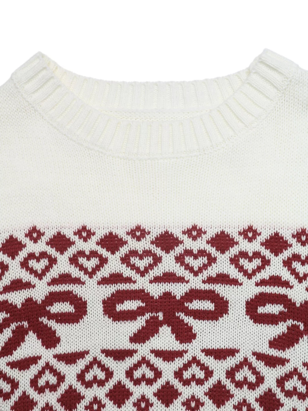 Close-up of the red bow and heart jacquard band at the crew neck