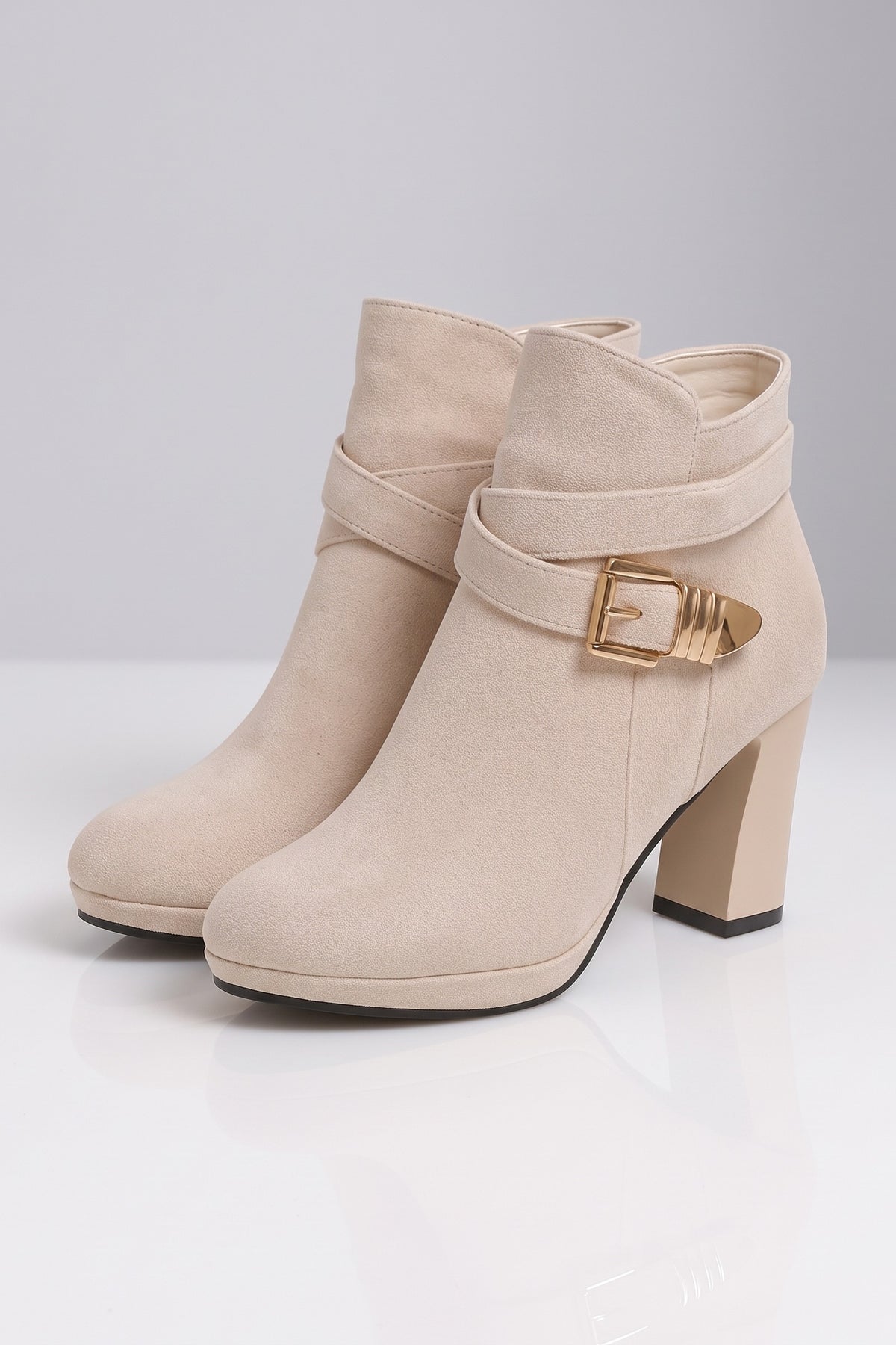 Women's Buckle Ankle Boots | Block Heel — Beige — shoe_main — on model