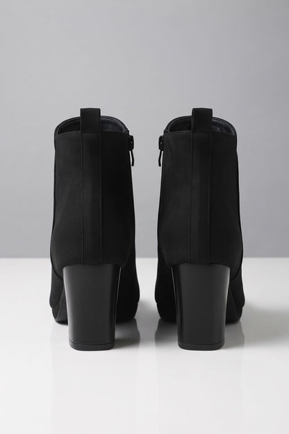 Women's Buckle Ankle Boots | Block Heel — Black — shoe_back — on model