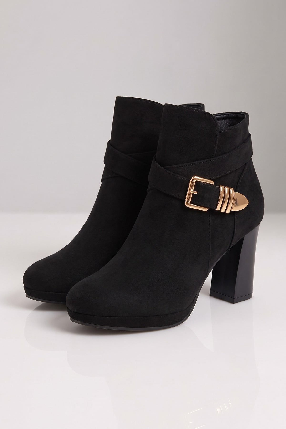 Women's Buckle Ankle Boots | Block Heel — Black — shoe_main — on model
