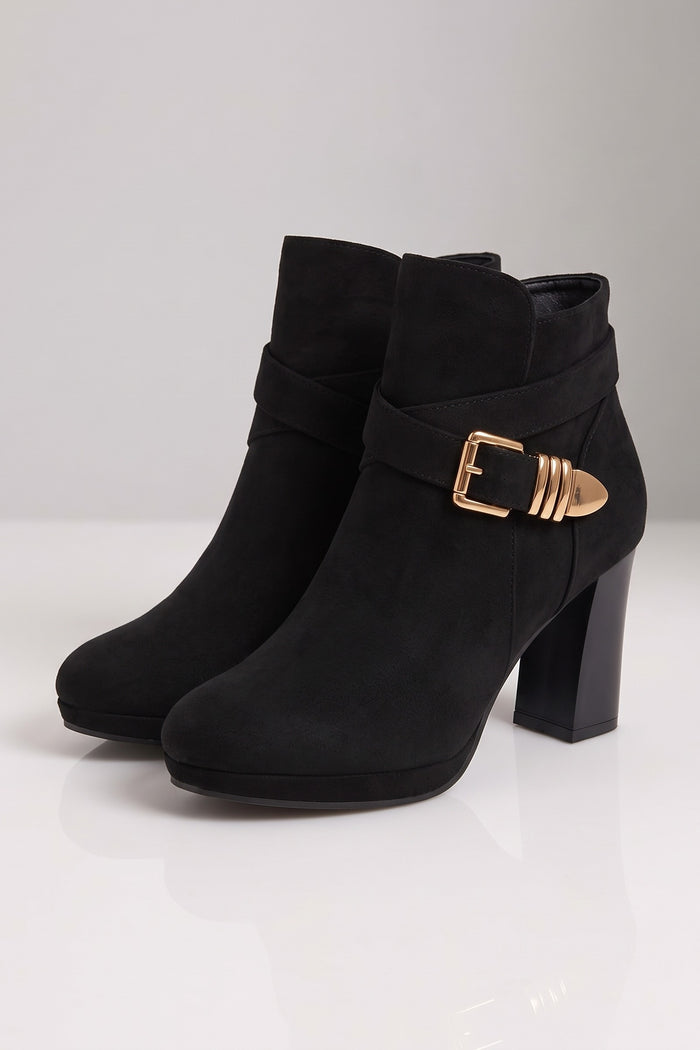 Women's Buckle Ankle Boots | Block Heel — Black — shoe_main — on model