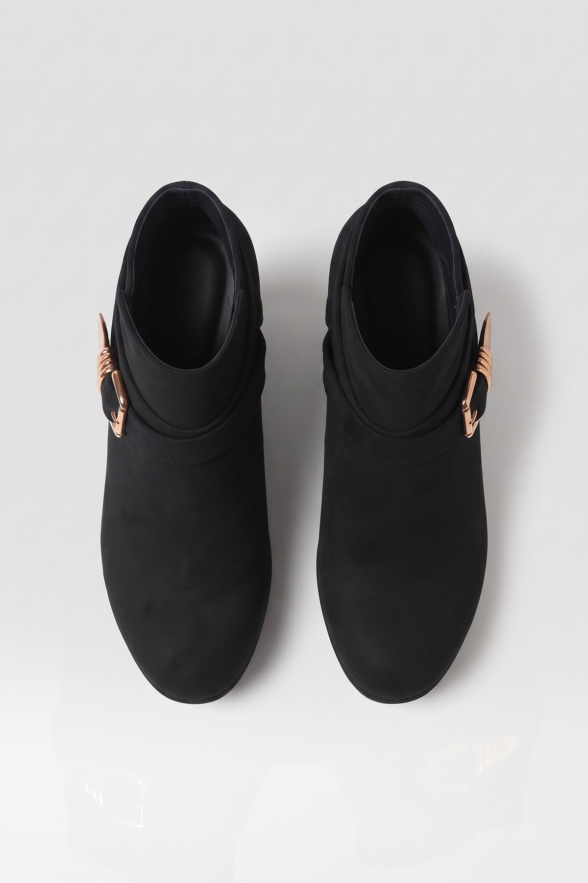 Women's Buckle Ankle Boots | Block Heel — Black — shoe_top — on model