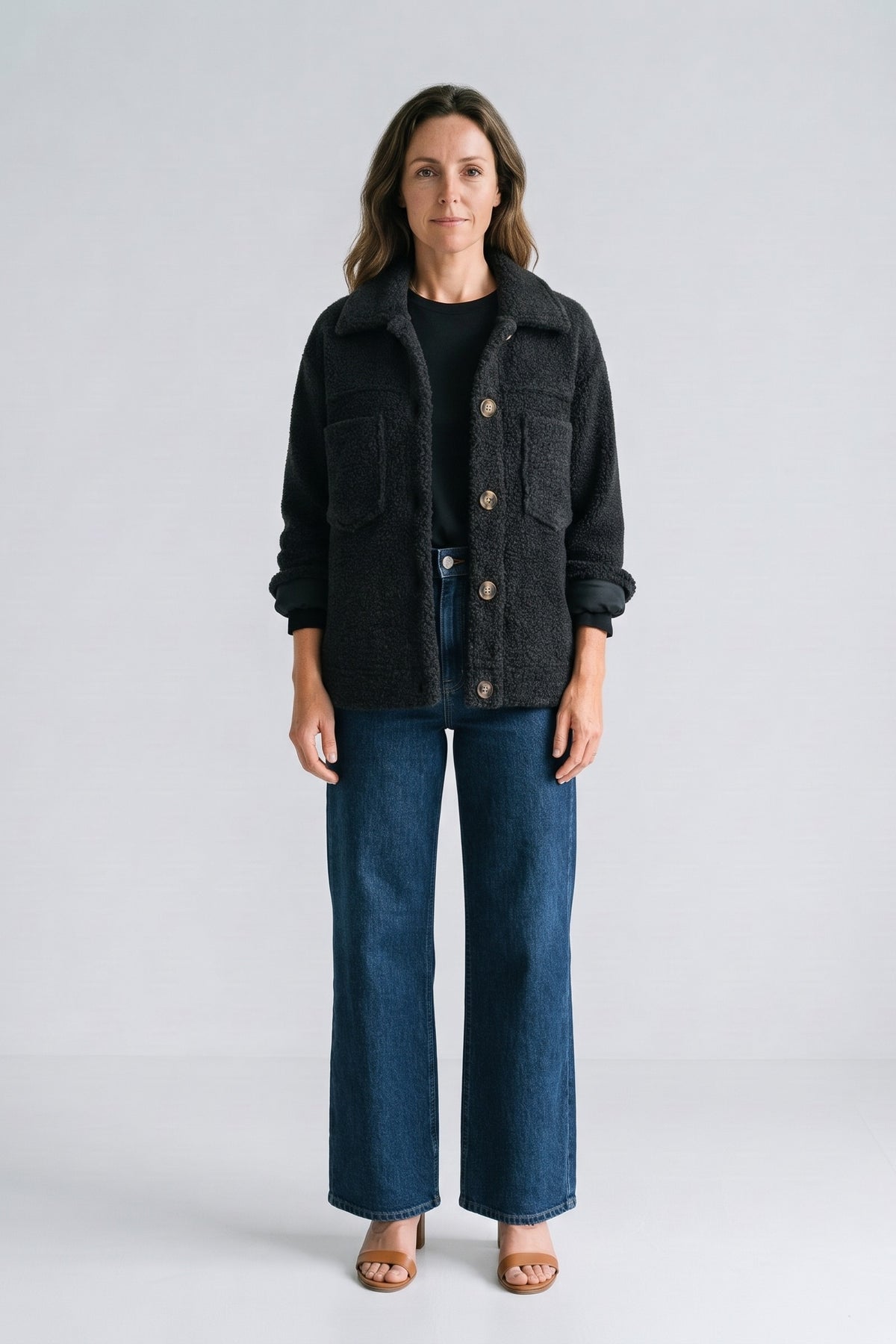 Women's Button Jacket | Revers Collar — Black — front view — on model