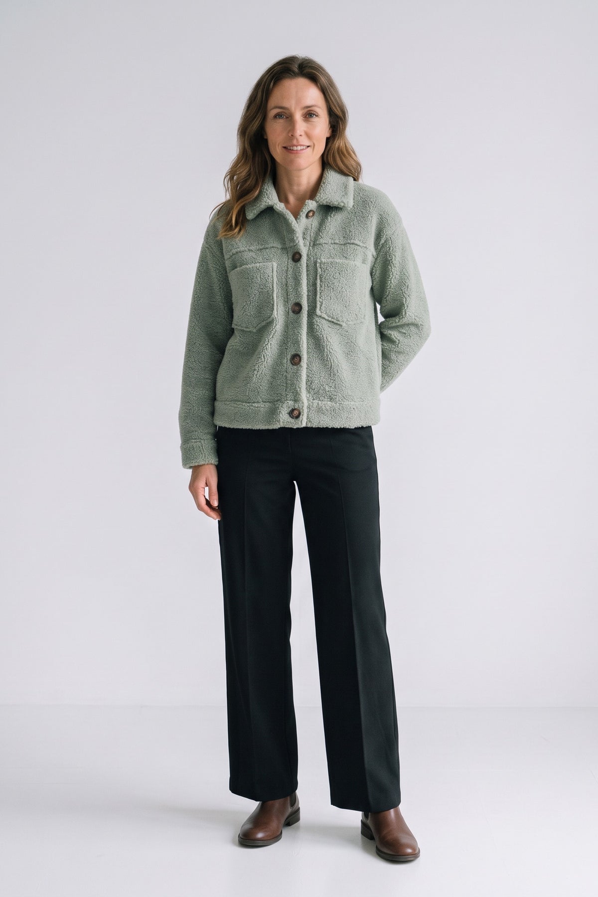 Women's Button Jacket | Revers Collar — Green — front view — on model