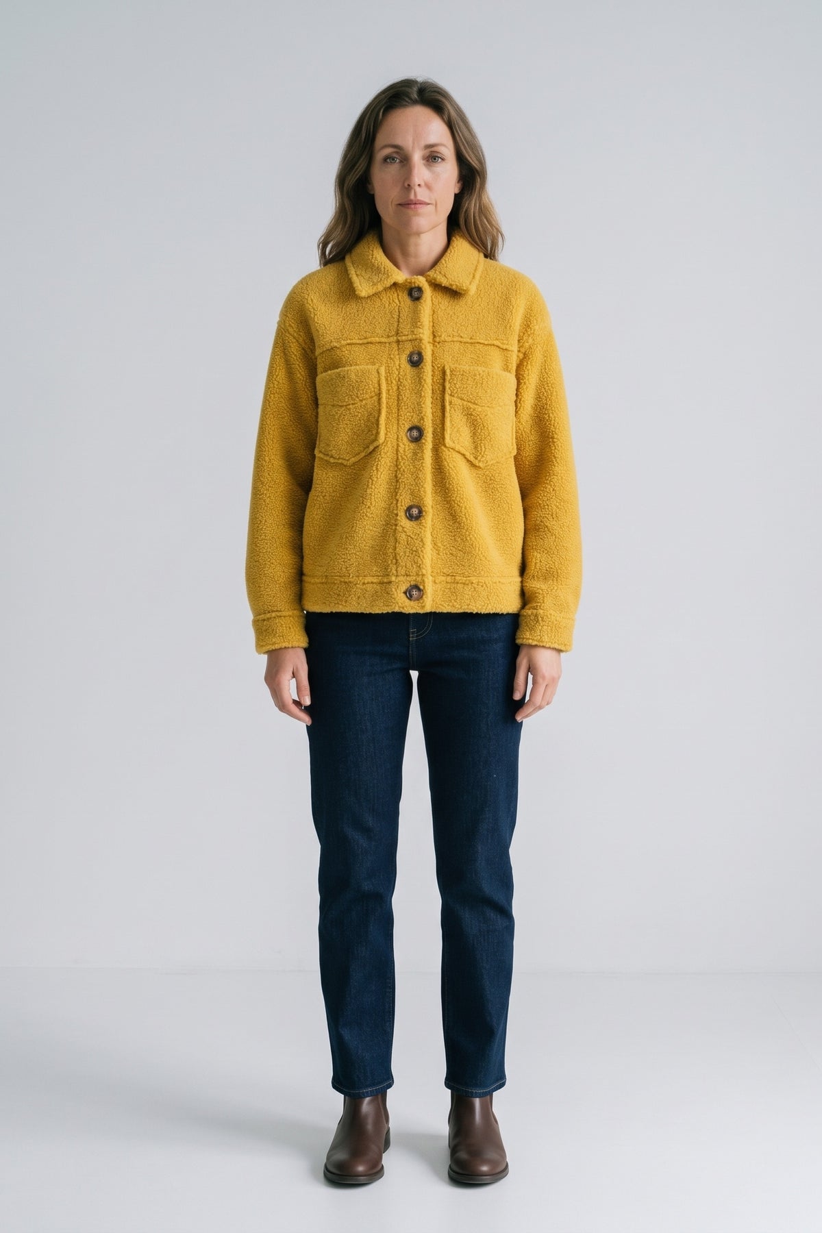 Women's Button Jacket | Revers Collar — Yellow — front view — on model
