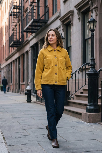Women's Button Jacket | Revers Collar — Yellow — lifestyle — on model