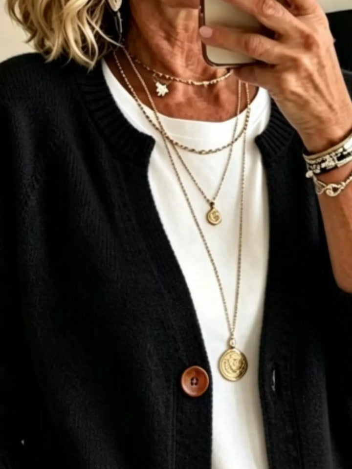 Close-up of the black cardigan crew neckline and wooden-look button