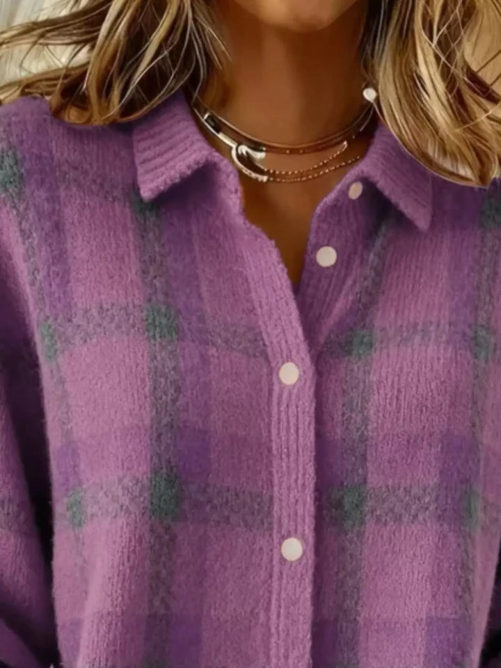 Close-up of the orchid plaid cardigan collar and soft knit