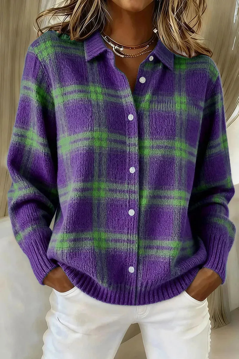 Purple plaid fuzzy knit cardigan with point collar, front view