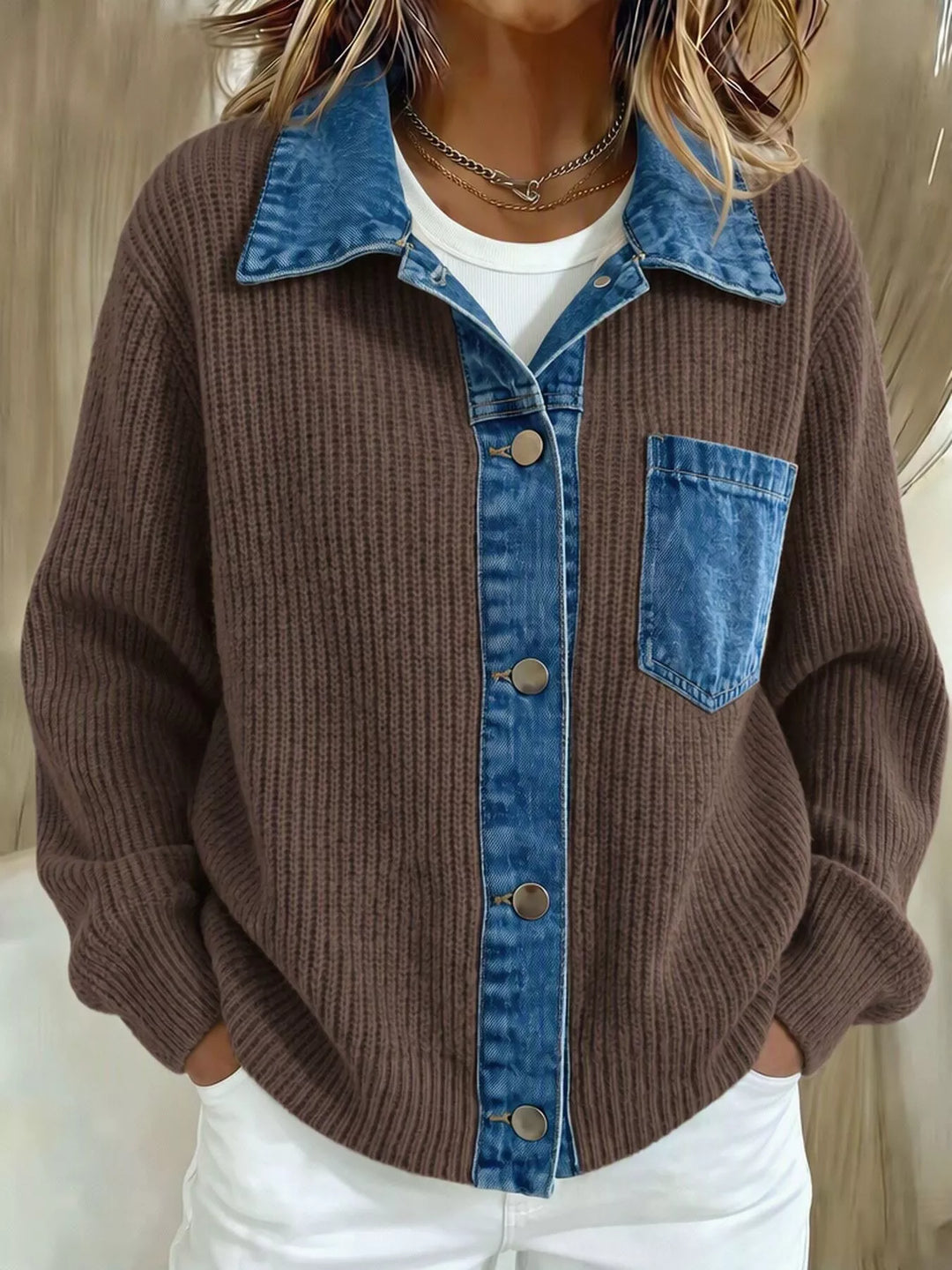 Brown ribbed knit cardigan with denim collar and button placket