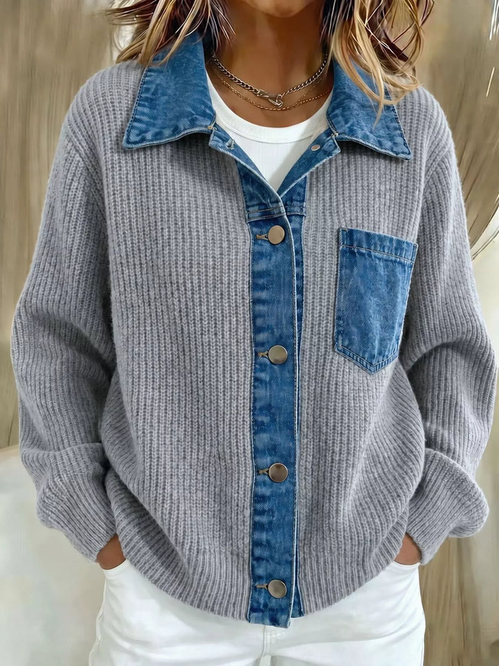 Gray ribbed knit cardigan with denim collar worn with white pants