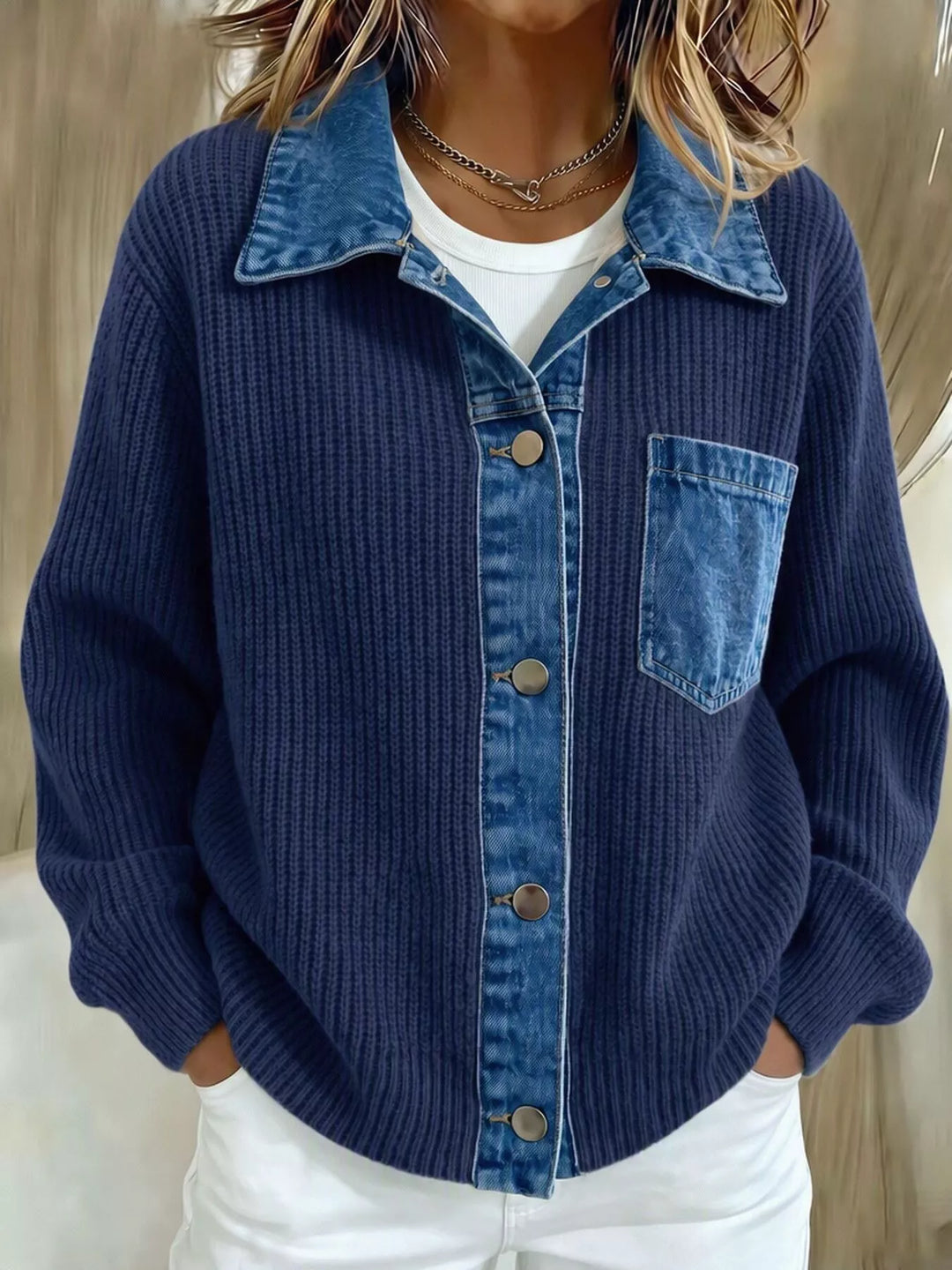 Navy ribbed button up cardigan with denim contrast collar, front view