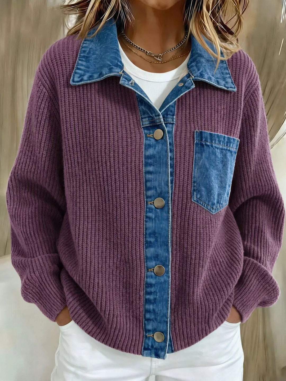 Plum ribbed button up cardigan with denim contrast collar, front view