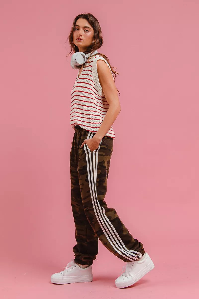Model turning sideways in camo pants with white side stripes