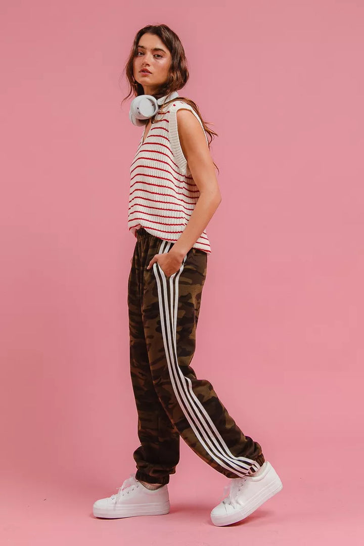 Model turning sideways in camo pants with white side stripes