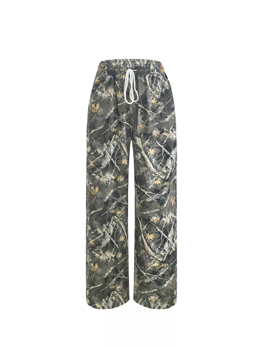 Camo drawstring pants laid flat, full front view