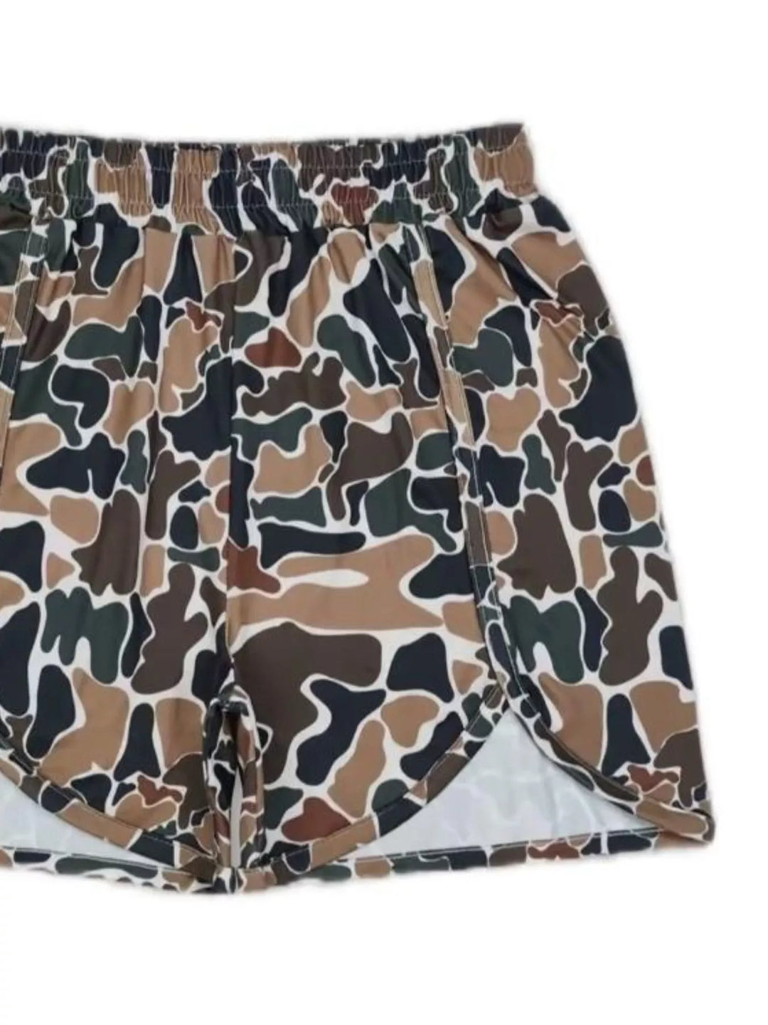 Close-up of brown camo shorts side slit and curved hem