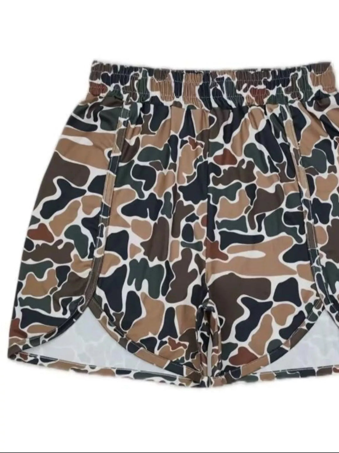 Brown camo shorts with tulip hem and high waist, front flat view