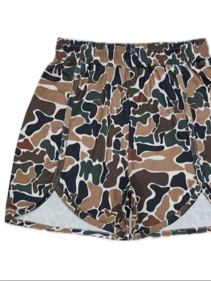 Brown camo shorts with tulip hem and high waist, front flat view