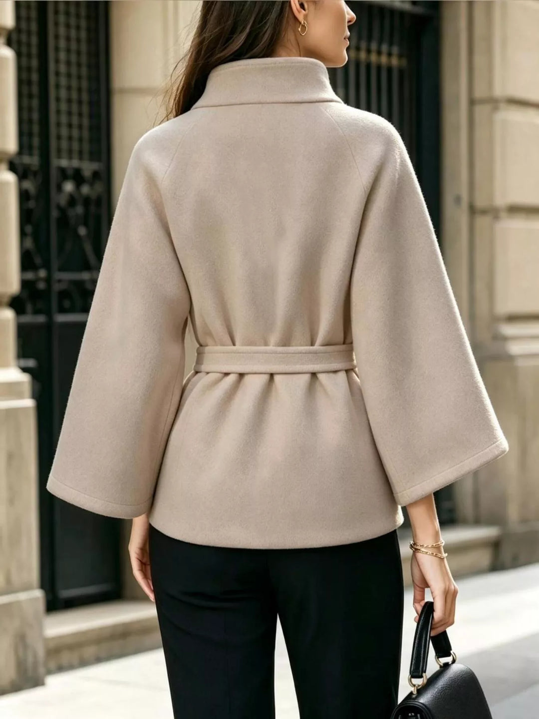 Asymmetric button tie belt stand collar in beige, back view