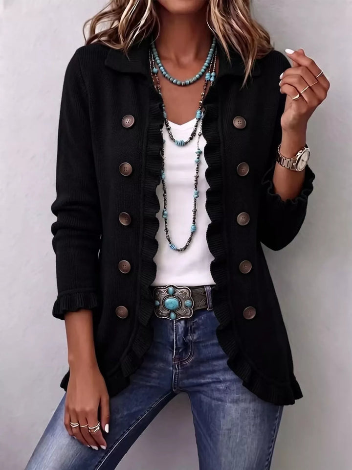 Black collared cardigan with ruffled edge and button front, front view