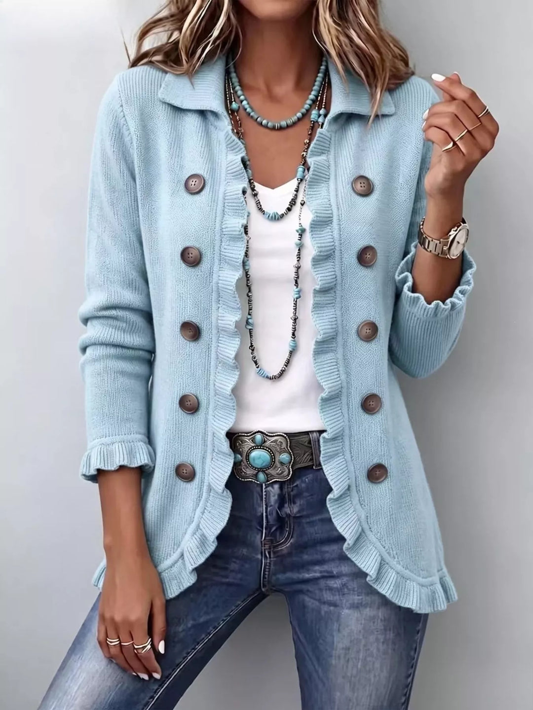Light blue collared button front cardigan with ruffle trim, front view