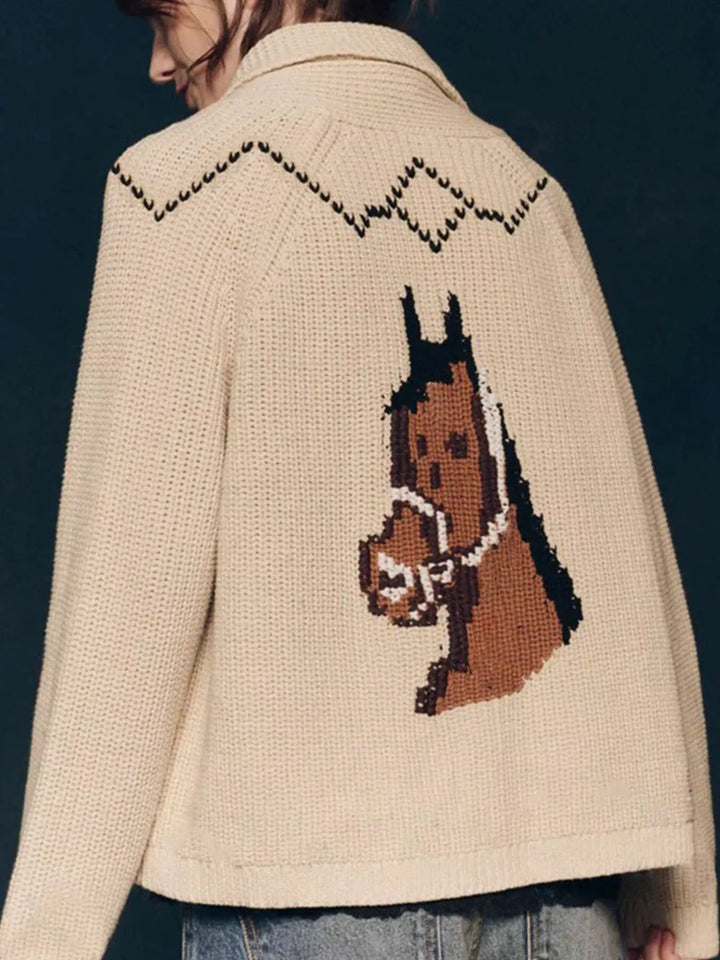 Back view of the cream chunky knit cardigan with a horse head design